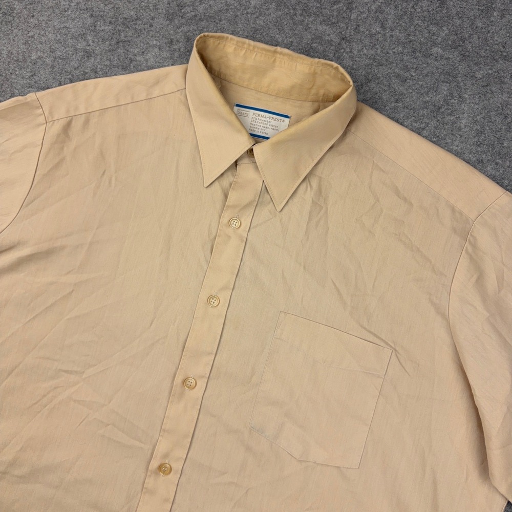 VTG Sears Perma-Prest Shirt Mens 17 Tan Short Sleeve Button Up Chest Pocket 70s